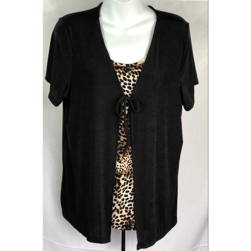 Jaclyn Smith Combo Top & Shrug L Blk Leopard Scoop Tie Front Y2K Classic Office